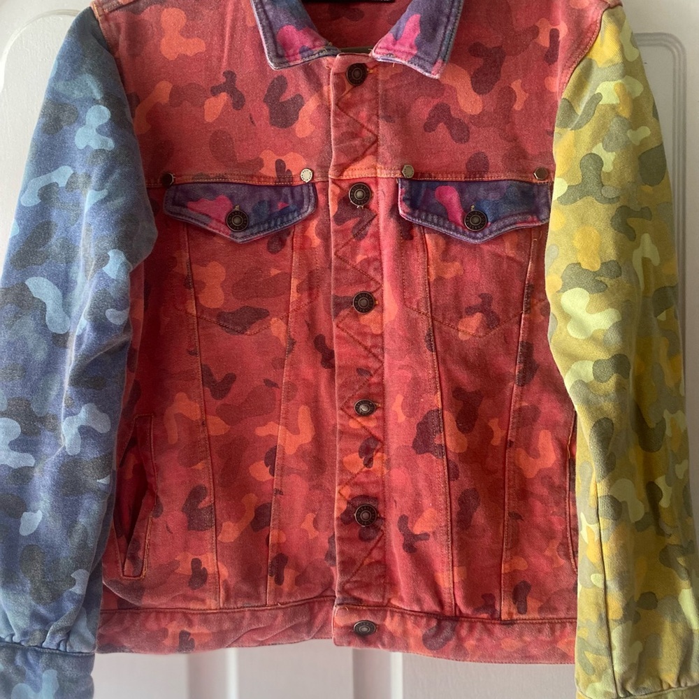 Bass by Ron Bass  XL Colorful Camo Jean Jacket Famous Brooklyn Artist Boho Rare